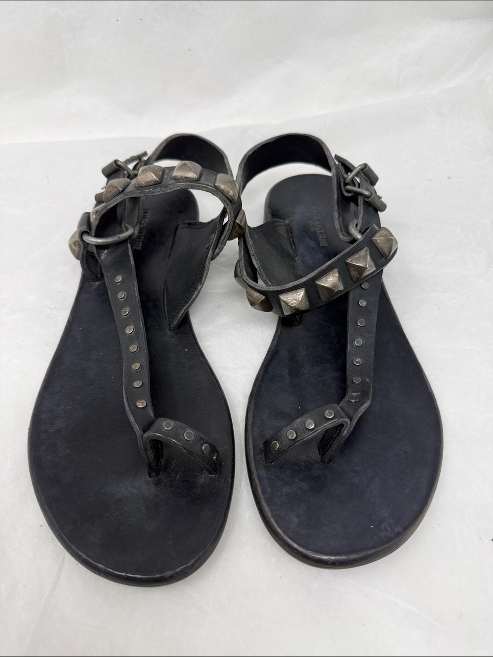 Zadig& Voltaire Black Studded Leather T-Strap Sandals Size 39